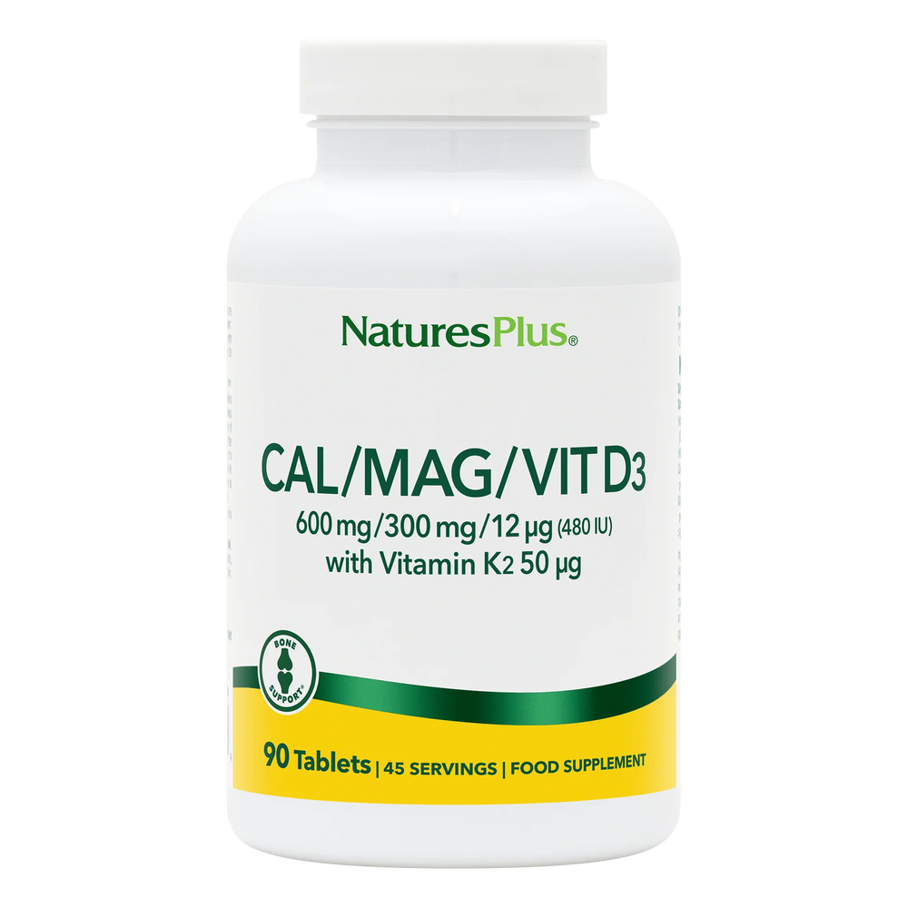 Front of NaturesPlus Calcium, Magnesium, and Vitamin D3 supplement bottle, 90 tablets, containing 600mg Calcium and 300mg Magnesium.
