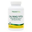 Front of NaturesPlus Calcium, Magnesium, and Vitamin D3 supplement bottle, 90 tablets, containing 600mg Calcium and 300mg Magnesium.