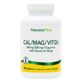 Front of NaturesPlus Calcium, Magnesium, and Vitamin D3 supplement bottle, 90 tablets, containing 600mg Calcium and 300mg Magnesium.