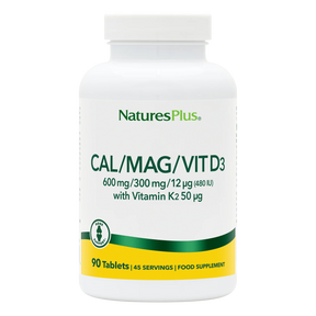 Front of NaturesPlus Calcium, Magnesium, and Vitamin D3 supplement bottle, 90 tablets, containing 600mg Calcium and 300mg Magnesium.