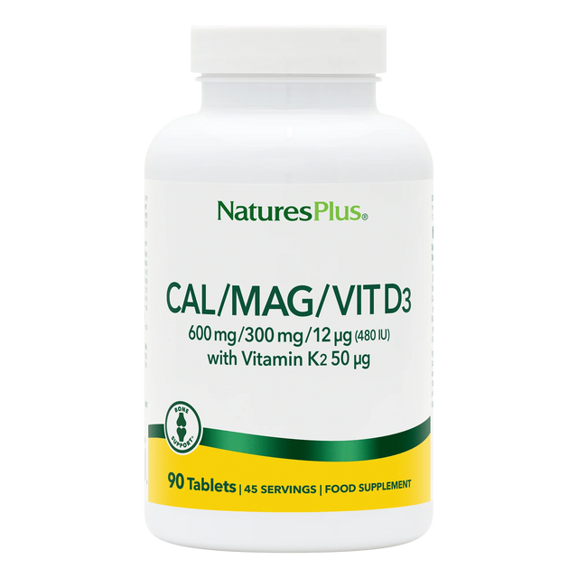 Front of NaturesPlus Calcium, Magnesium, and Vitamin D3 supplement bottle, 90 tablets, containing 600mg Calcium and 300mg Magnesium.