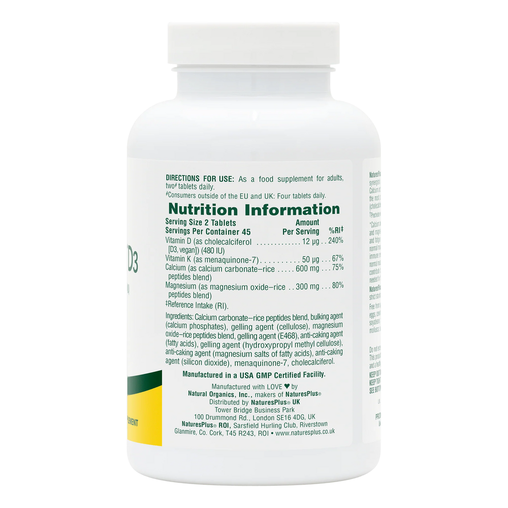 Nutrition Information label for NaturesPlus Calcium, Magnesium, and Vitamin D3 supplement showing 600mg Calcium and 300mg Magnesium per serving of 2 tablets.