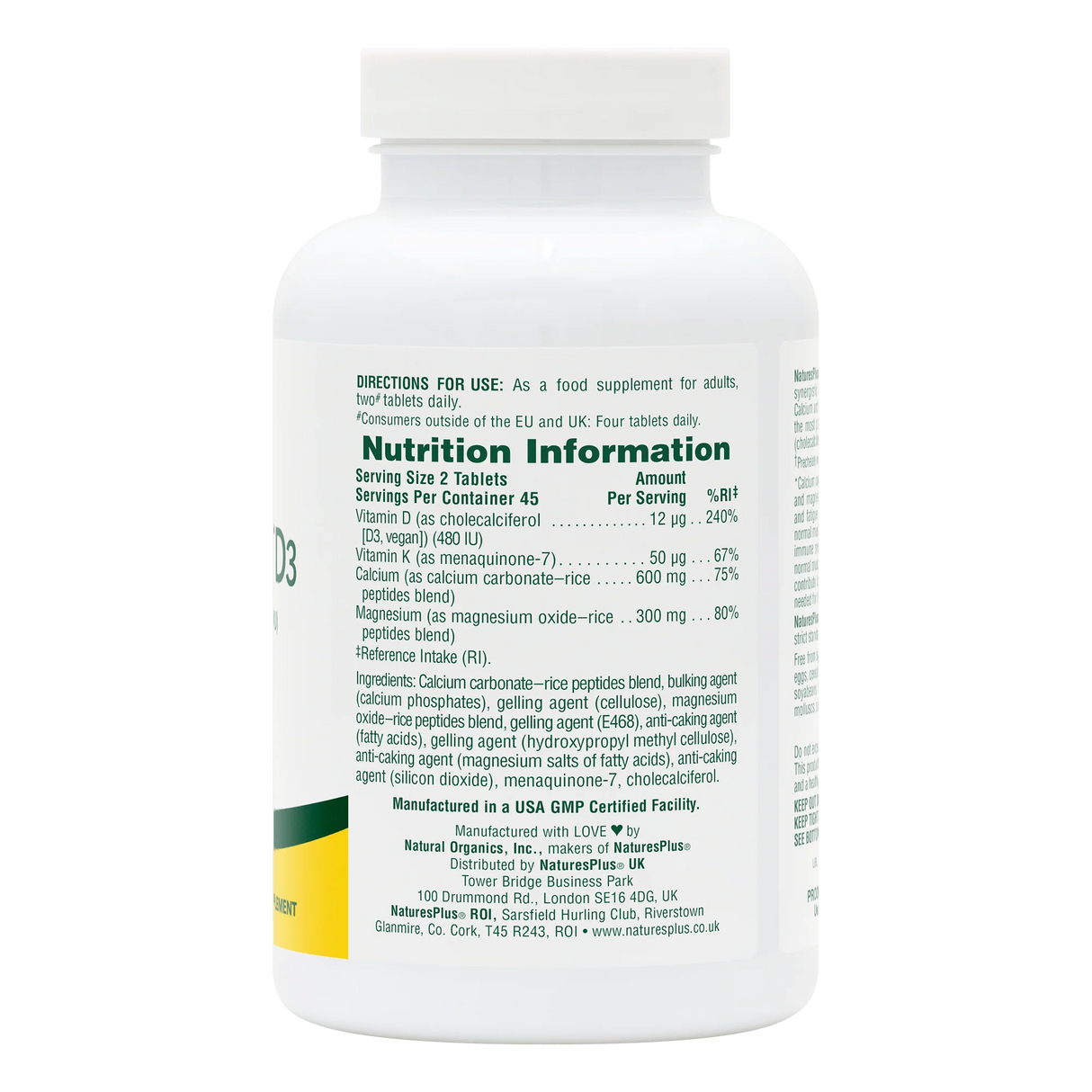 Nutrition Information label for NaturesPlus Calcium, Magnesium, and Vitamin D3 supplement showing 600mg Calcium and 300mg Magnesium per serving of 2 tablets.