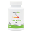 A white supplement bottle of NaturesPlus PRO Longvida Optimized Curcumin 500 containing 60 capsules, featuring a clean green and white label design.