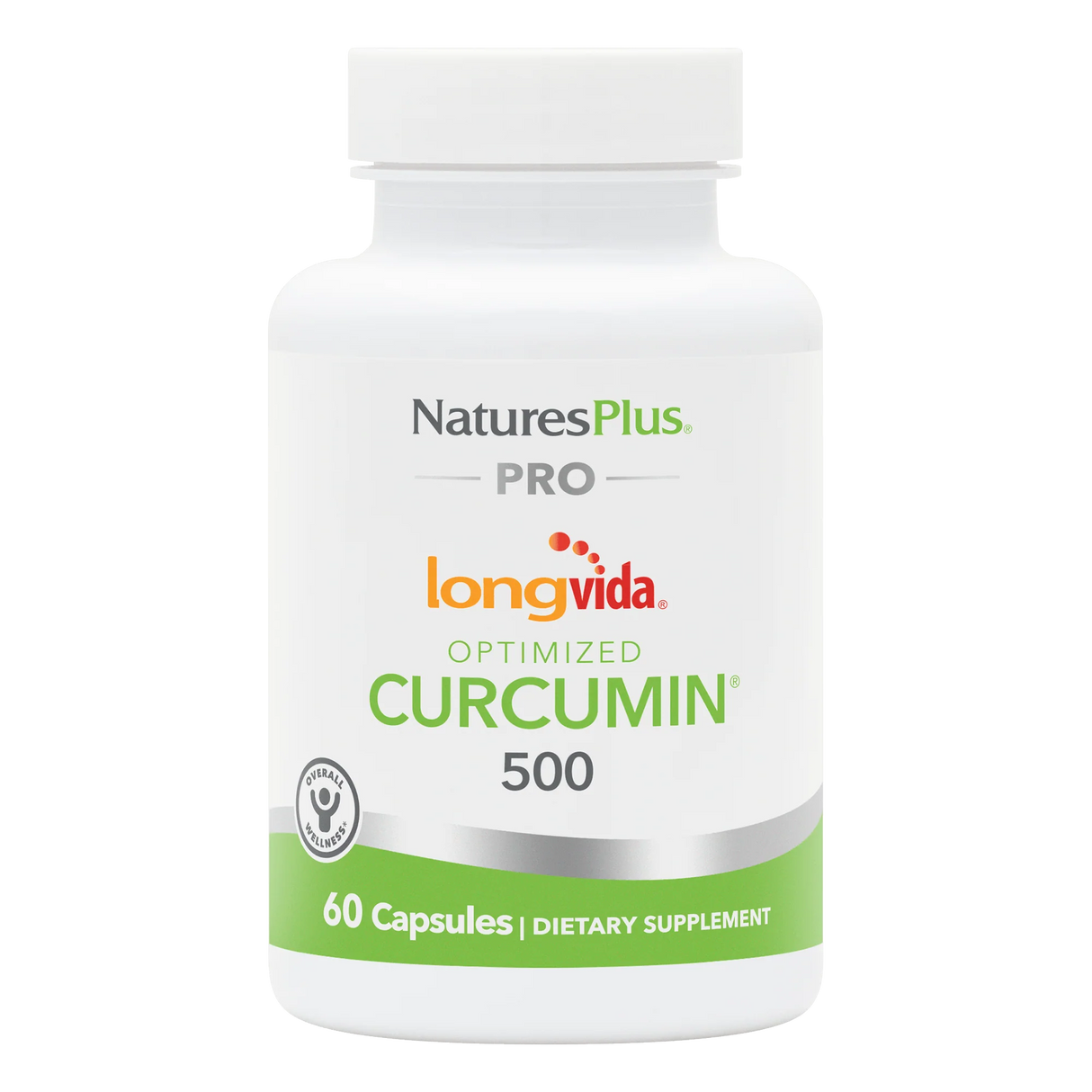 A white supplement bottle of NaturesPlus PRO Longvida Optimized Curcumin 500 containing 60 capsules, featuring a clean green and white label design.