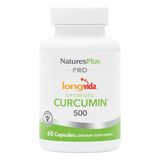 A white supplement bottle of NaturesPlus PRO Longvida Optimized Curcumin 500 containing 60 capsules, featuring a clean green and white label design.