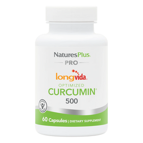 A white supplement bottle of NaturesPlus PRO Longvida Optimized Curcumin 500 containing 60 capsules, featuring a clean green and white label design.