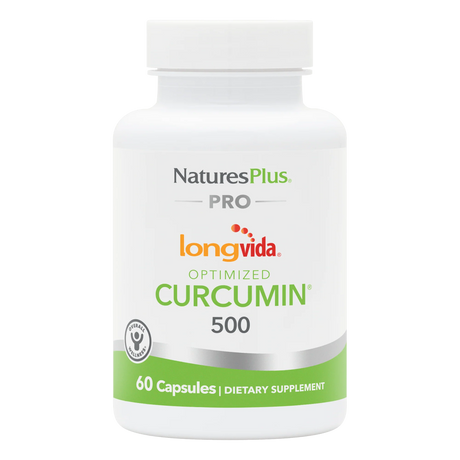 A white supplement bottle of NaturesPlus PRO Longvida Optimized Curcumin 500 containing 60 capsules, featuring a clean green and white label design.