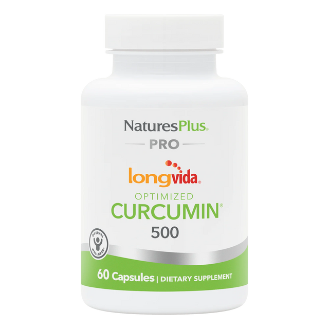 A white supplement bottle of NaturesPlus PRO Longvida Optimized Curcumin 500 containing 60 capsules, featuring a clean green and white label design.