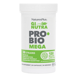 NaturesPlus GI Nutra PRO BIO Men probiotic supplement bottle featuring 21 strains and 60 billion live CFU in a white container with blue and green branding.