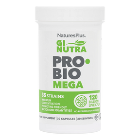 NaturesPlus GI Nutra PRO BIO Men probiotic supplement bottle featuring 21 strains and 60 billion live CFU in a white container with blue and green branding.
