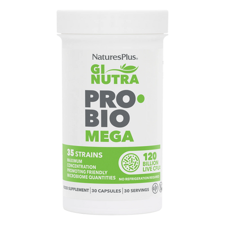 NaturesPlus GI Nutra PRO BIO Men probiotic supplement bottle featuring 21 strains and 60 billion live CFU in a white container with blue and green branding.