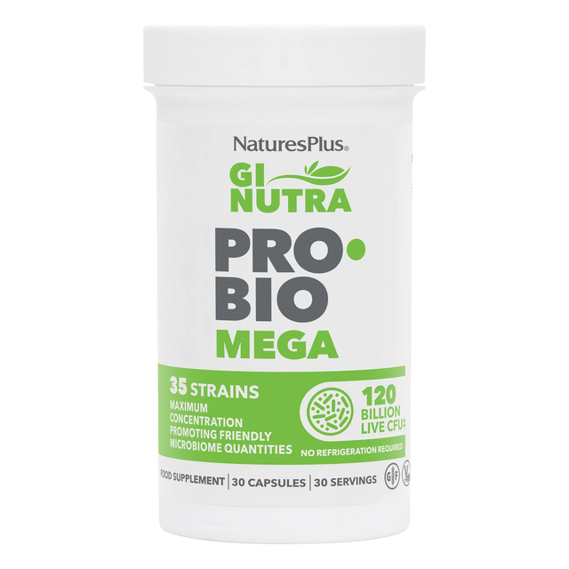 NaturesPlus GI Nutra PRO BIO Men probiotic supplement bottle featuring 21 strains and 60 billion live CFU in a white container with blue and green branding.