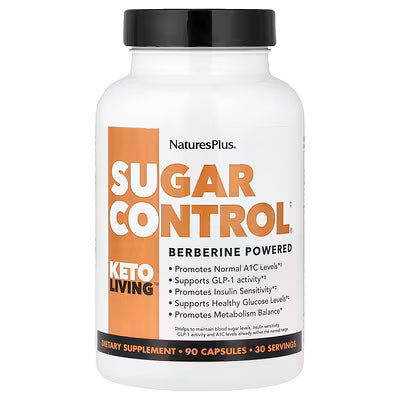 NaturesPlus Keto Living Sugar Control 90 capsules for blood sugar management and keto diet support with Chromium and Gymnema.