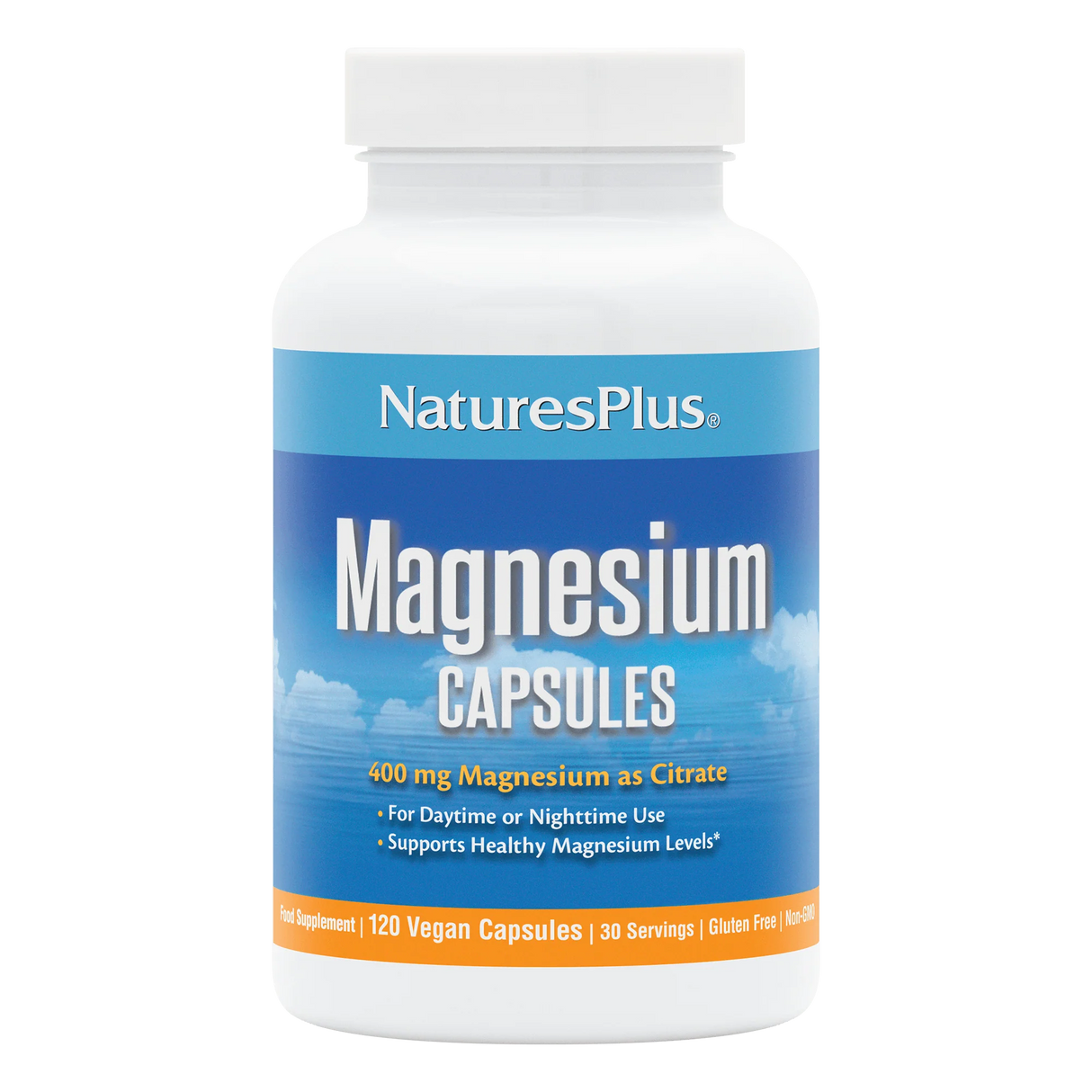 Complete label for NaturesPlus Magnesium Powder in pink lemonade flavor, showing 400mg magnesium as citrate per serving, 60 servings, and product benefits.
