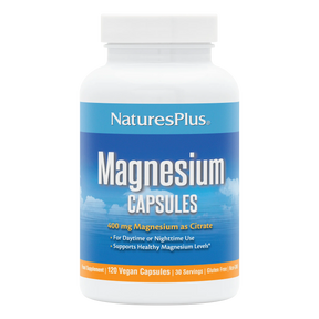 Complete label for NaturesPlus Magnesium Powder in pink lemonade flavor, showing 400mg magnesium as citrate per serving, 60 servings, and product benefits.