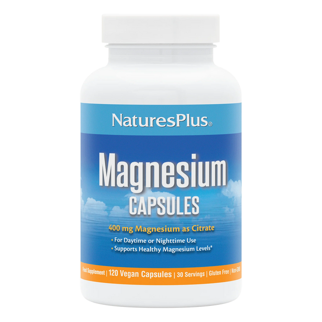 Complete label for NaturesPlus Magnesium Powder in pink lemonade flavor, showing 400mg magnesium as citrate per serving, 60 servings, and product benefits.