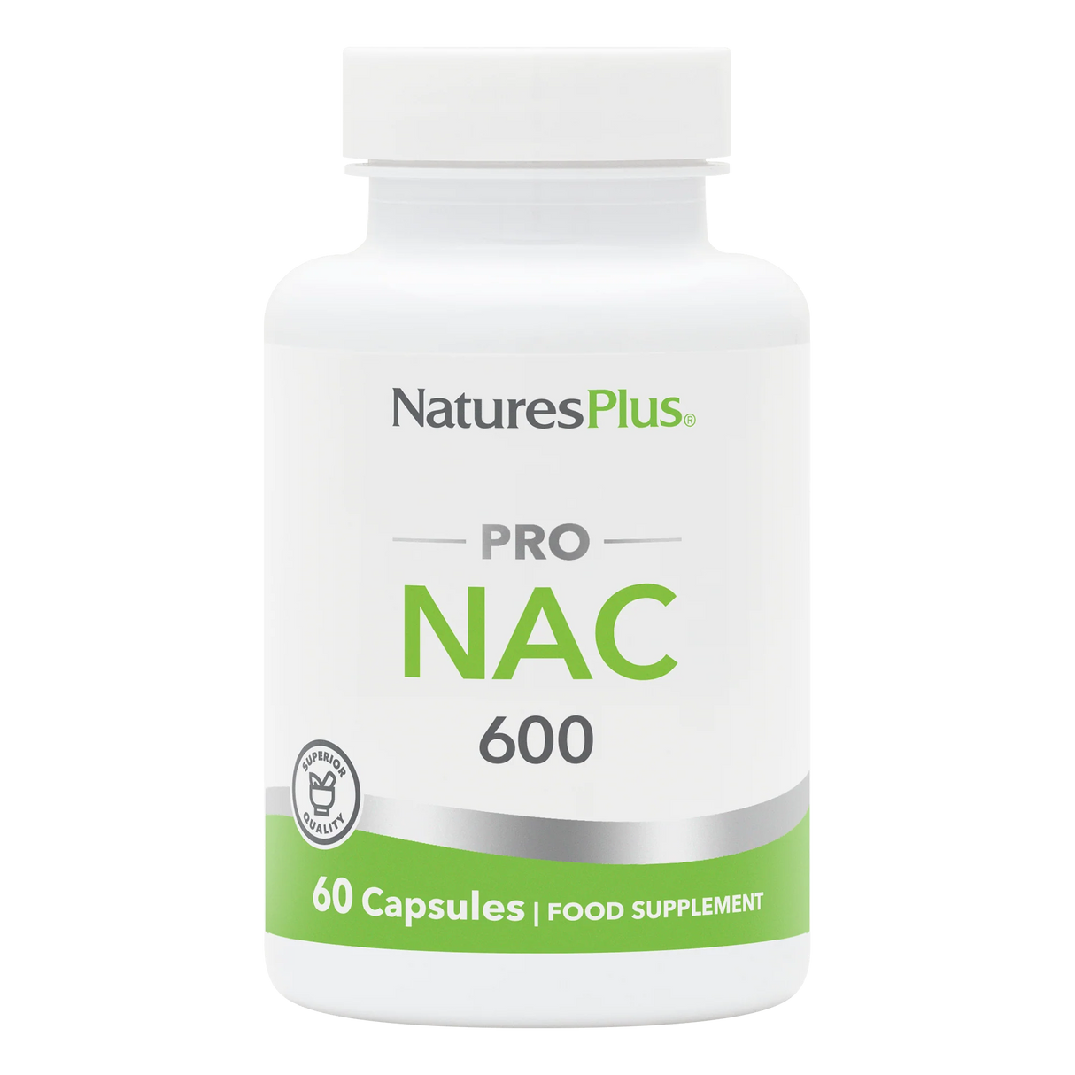 A white bottle of NaturesPlus PRO NAC 600 food supplement containing 60 capsules with green and silver branding.