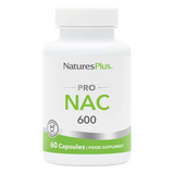 A white bottle of NaturesPlus PRO NAC 600 food supplement containing 60 capsules with green and silver branding.