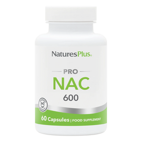 A white bottle of NaturesPlus PRO NAC 600 food supplement containing 60 capsules with green and silver branding.