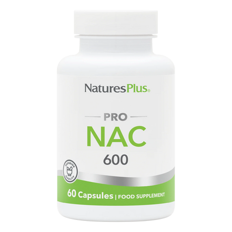 A white bottle of NaturesPlus PRO NAC 600 food supplement containing 60 capsules with green and silver branding.