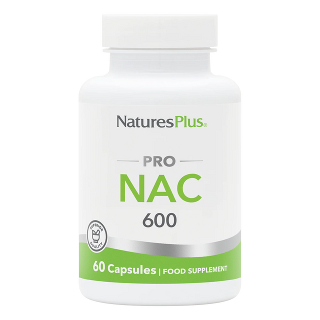 A white bottle of NaturesPlus PRO NAC 600 food supplement containing 60 capsules with green and silver branding.