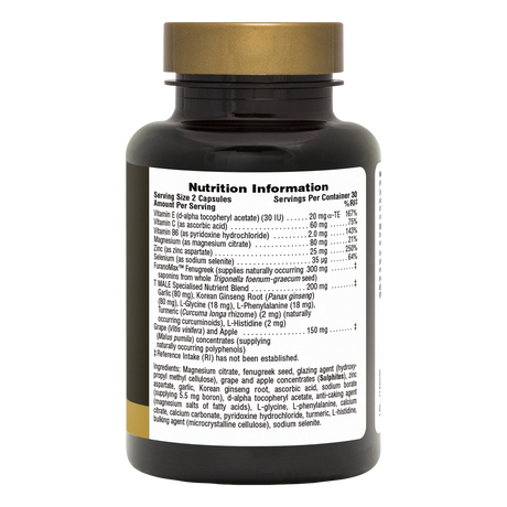 Back label of NaturesPlus T MALE supplement bottle showing nutrition facts, serving size of 2 capsules, specialized nutrient blend including Fenugreek and Zinc, and a full list of ingredients.