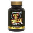 NaturesPlus T MALE testosterone support supplement bottle for men featuring 60 vegetarian and gluten-free capsules in a black container with gold and red branding.