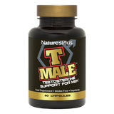 NaturesPlus T MALE testosterone support supplement bottle for men featuring 60 vegetarian and gluten-free capsules in a black container with gold and red branding.
