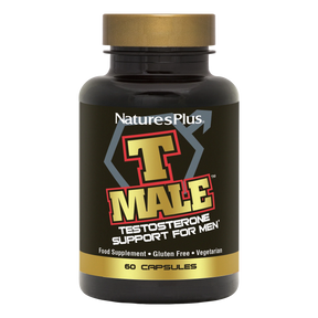 NaturesPlus T MALE testosterone support supplement bottle for men featuring 60 vegetarian and gluten-free capsules in a black container with gold and red branding.