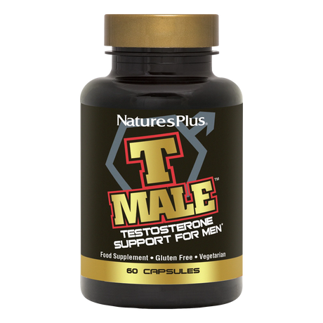 NaturesPlus T MALE testosterone support supplement bottle for men featuring 60 vegetarian and gluten-free capsules in a black container with gold and red branding.