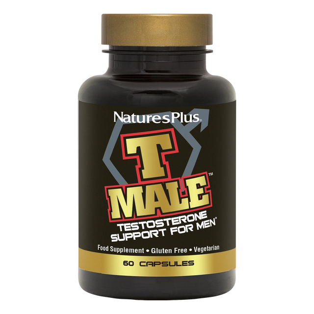 NaturesPlus T MALE testosterone support supplement bottle for men featuring 60 vegetarian and gluten-free capsules in a black container with gold and red branding.