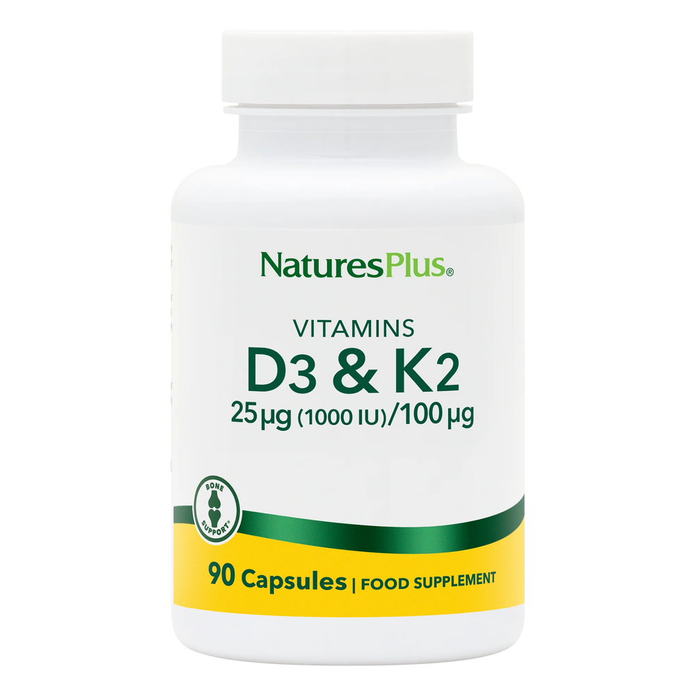 NaturesPlus Vitamins D3 & K2 supplement bottle on a white background