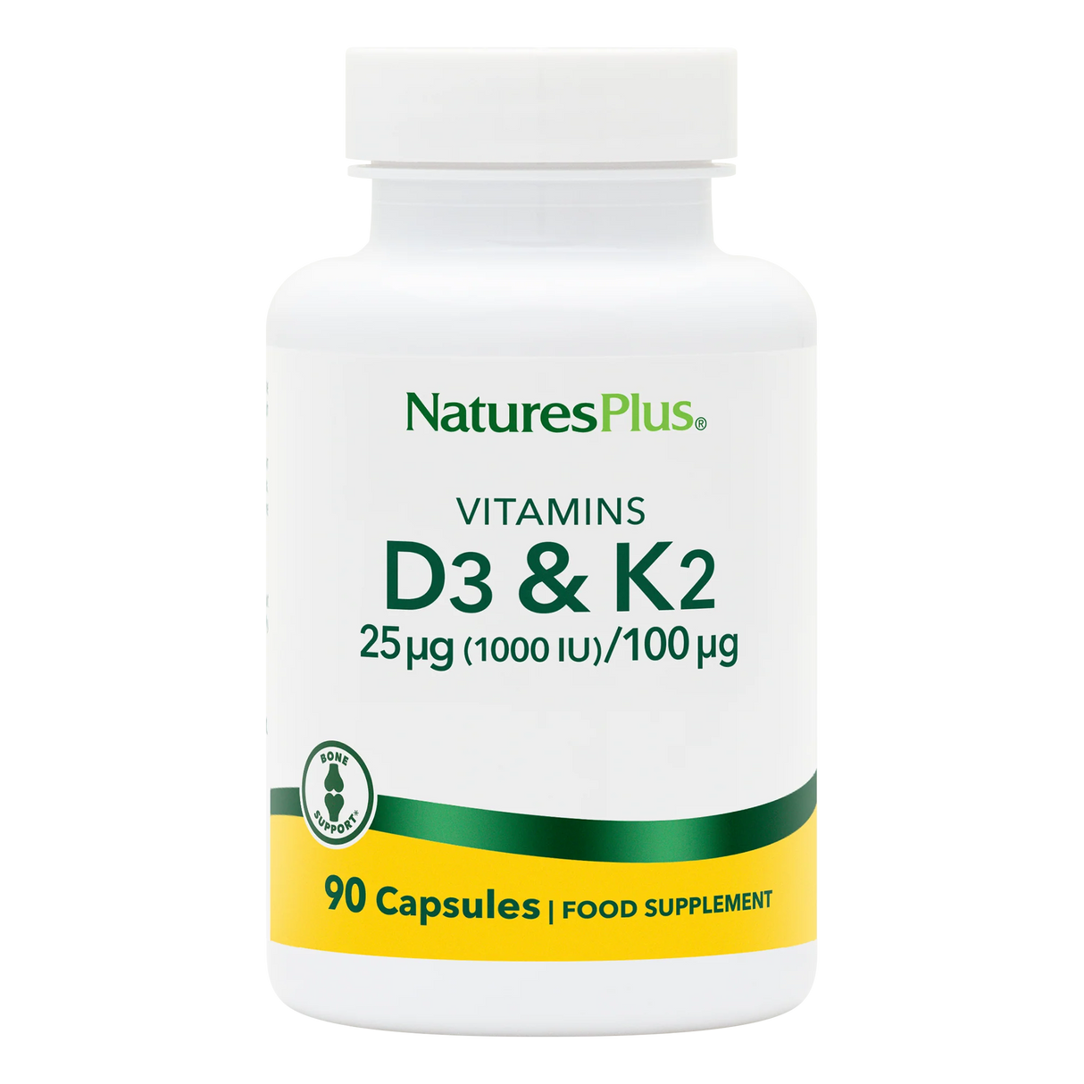 NaturesPlus Vitamins D3 & K2 supplement bottle on a white background