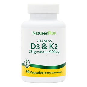 NaturesPlus Vitamins D3 & K2 supplement bottle on a white background