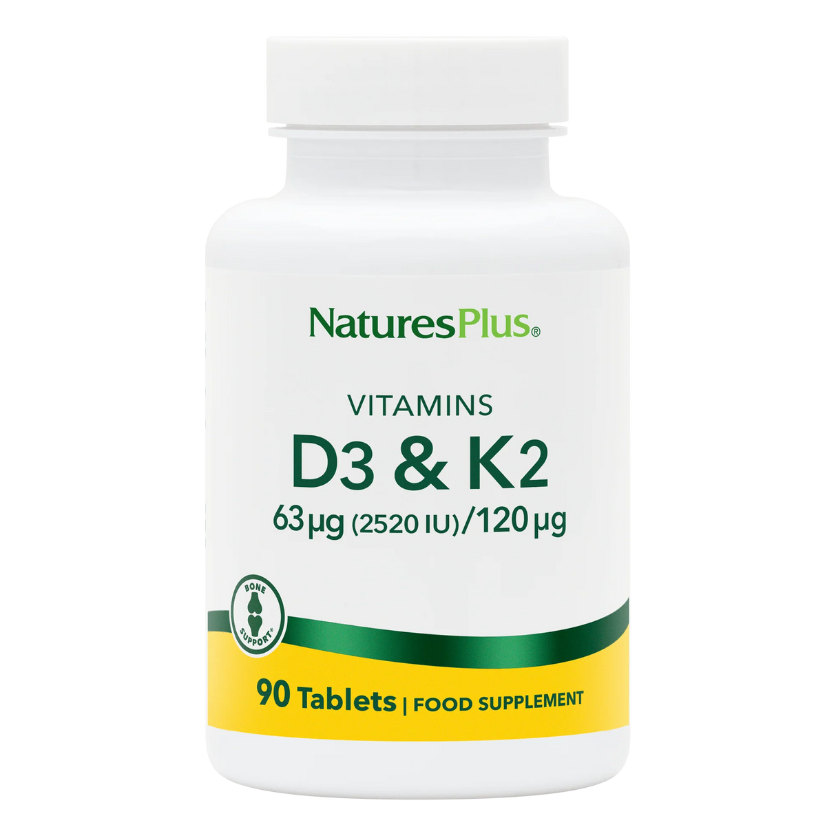 NaturesPlus Vitamins D3 & K2 supplement bottle on a white background