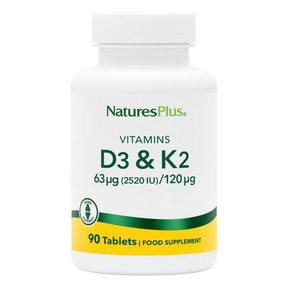 NaturesPlus Vitamins D3 & K2 supplement bottle on a white background