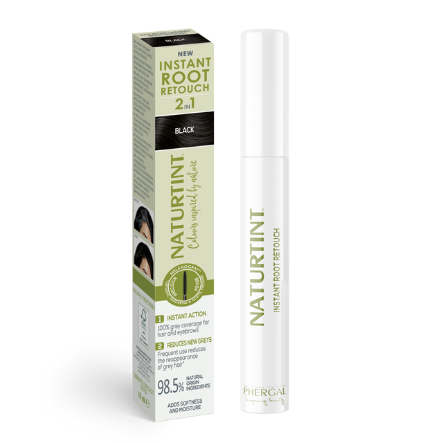 Naturtint Instant Root Retouch black applicator with eco-friendly cardboard product packaging.