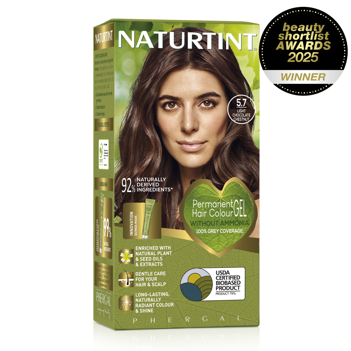 Naturtint Permanent Hair Colour Gel in 5.7 Light Chocolate Chestnut, featuring 100% grey coverage and an ammonia-free formula.