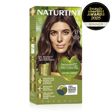 Naturtint Permanent Hair Colour Gel in 5.7 Light Chocolate Chestnut, featuring 100% grey coverage and an ammonia-free formula.