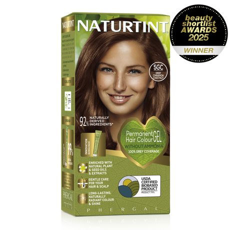 Naturtint Permanent Hair Colour Gel in 5GC Deep Cinnamon Chestnut, featuring 100% grey coverage and an ammonia-free formula.