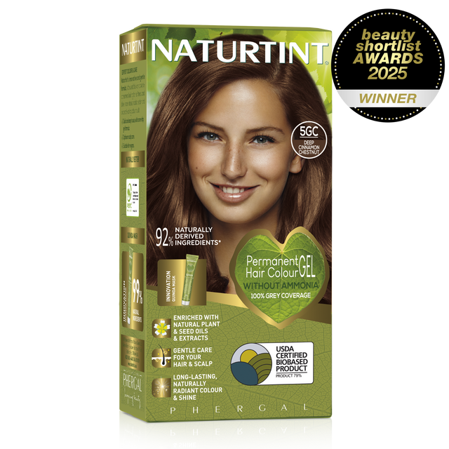 Naturtint Permanent Hair Colour Gel in 5GC Deep Cinnamon Chestnut, featuring 100% grey coverage and an ammonia-free formula.