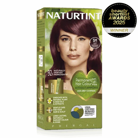 Naturtint Permanent Hair Colour Gel in 5N Light Chestnut Brown and 5M Light Mahogany Chestnut, featuring 100% grey coverage and an ammonia-free formula.