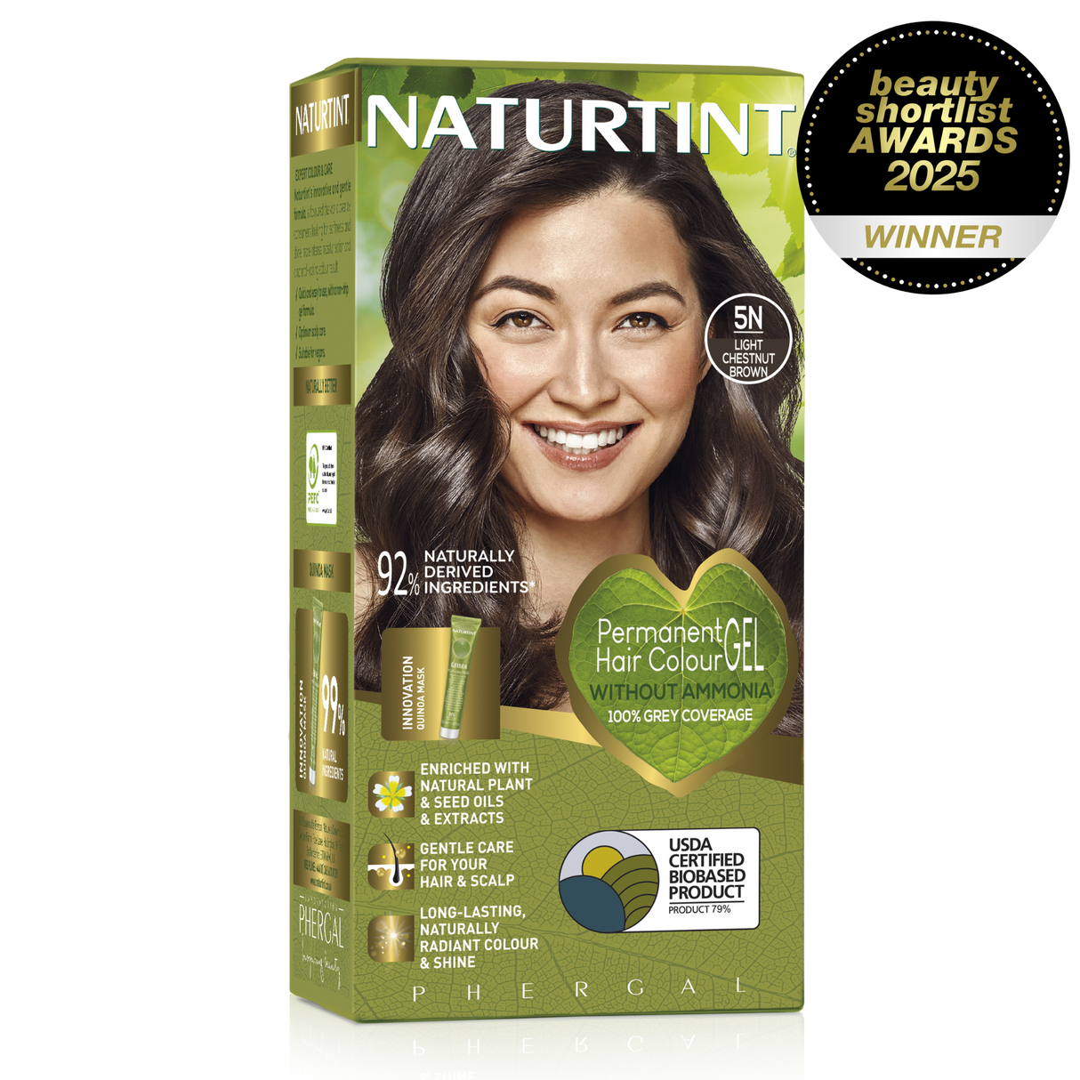 Naturtint Permanent Hair Colour Gel in 5N Light Chestnut Brown, featuring 100% grey coverage and an ammonia-free formula, recognized as a Beauty Shortlist Awards 2025 winner.