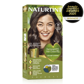 Naturtint Permanent Hair Colour Gel in 5N Light Chestnut Brown, featuring 100% grey coverage and an ammonia-free formula, recognized as a Beauty Shortlist Awards 2025 winner.