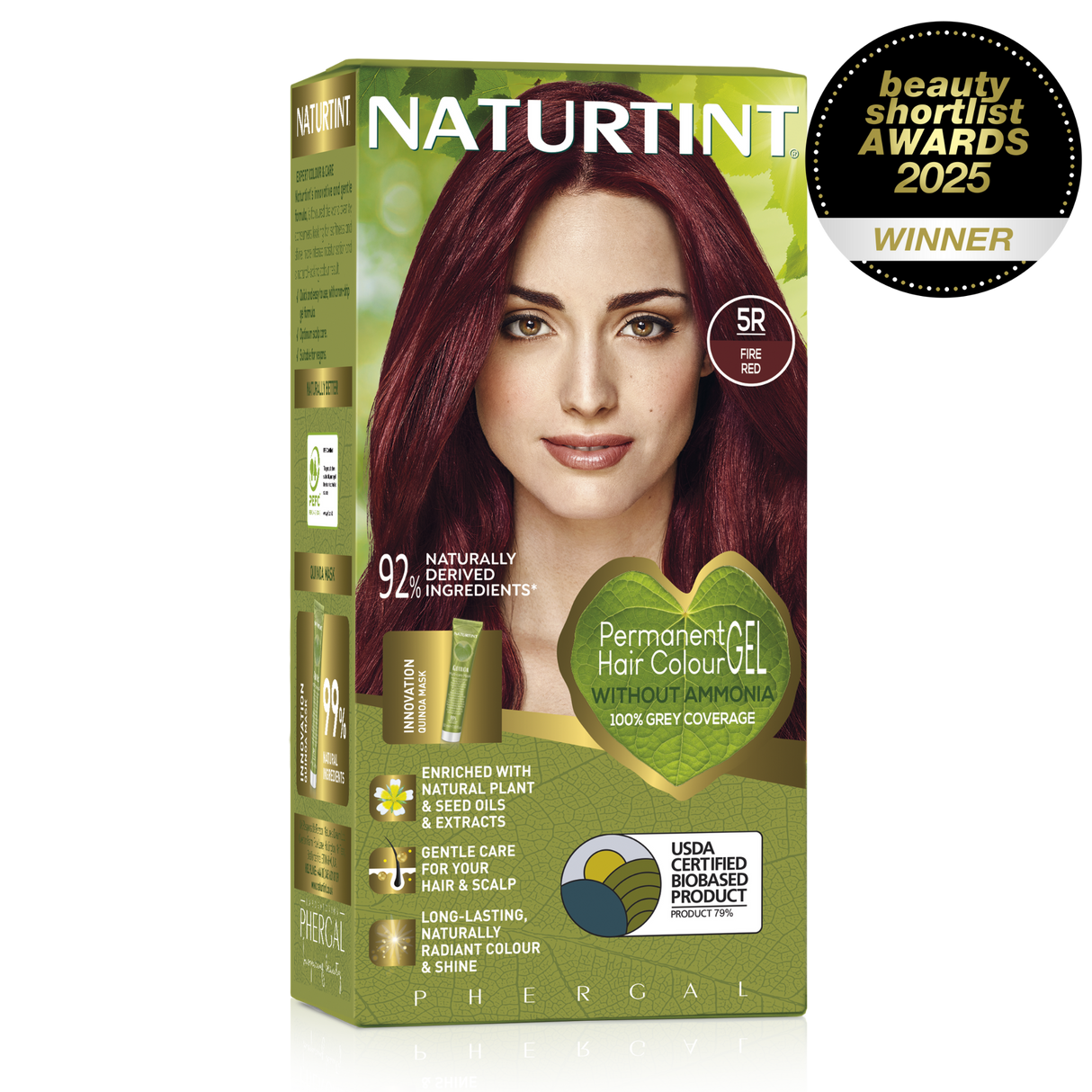 Naturtint Permanent Hair Colour Gel in 5R Fire Red, featuring 100% grey coverage and an ammonia-free formula.