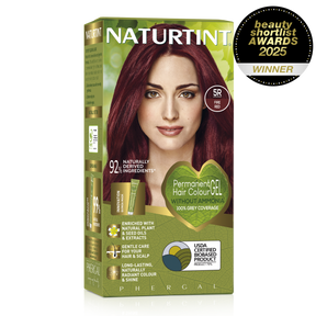 Naturtint Permanent Hair Colour Gel in 5R Fire Red, featuring 100% grey coverage and an ammonia-free formula.