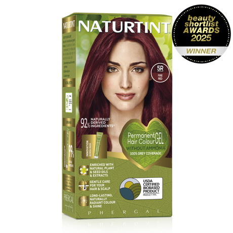 Naturtint Permanent Hair Colour Gel in 5R Fire Red, featuring 100% grey coverage and an ammonia-free formula.