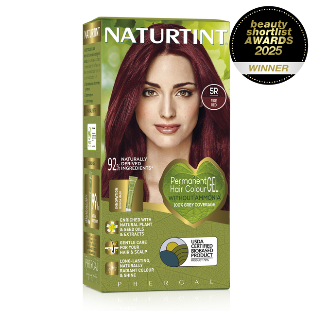 Naturtint Permanent Hair Colour Gel in 5R Fire Red, featuring 100% grey coverage and an ammonia-free formula.