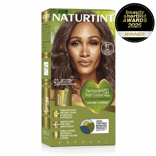 Naturtint Permanent Hair Colour Gel in 6.7 Dark Chocolate Blonde, featuring 100% grey coverage and an ammonia-free formula.
